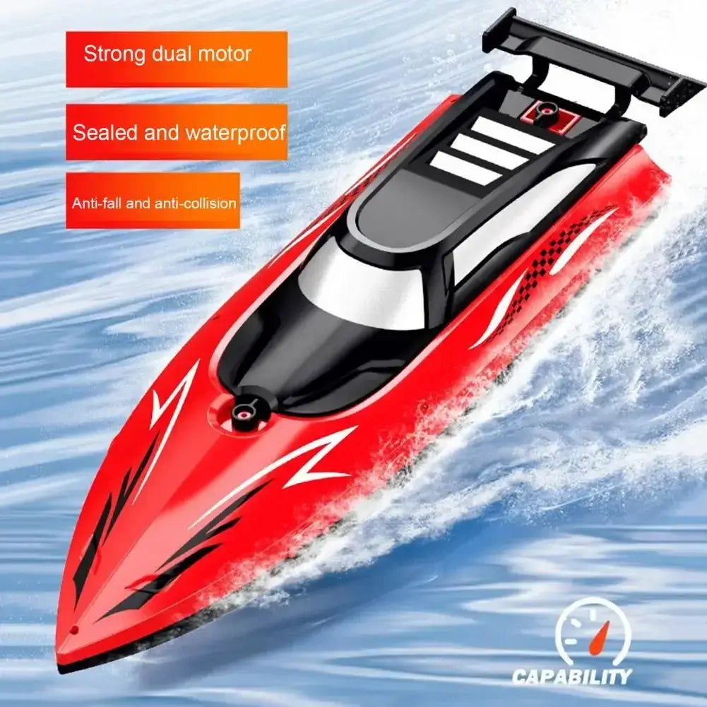 RC Boat With LED Lights showcasing strong dual motor, sealed and waterproof design, perfect for kids in pools and lakes.