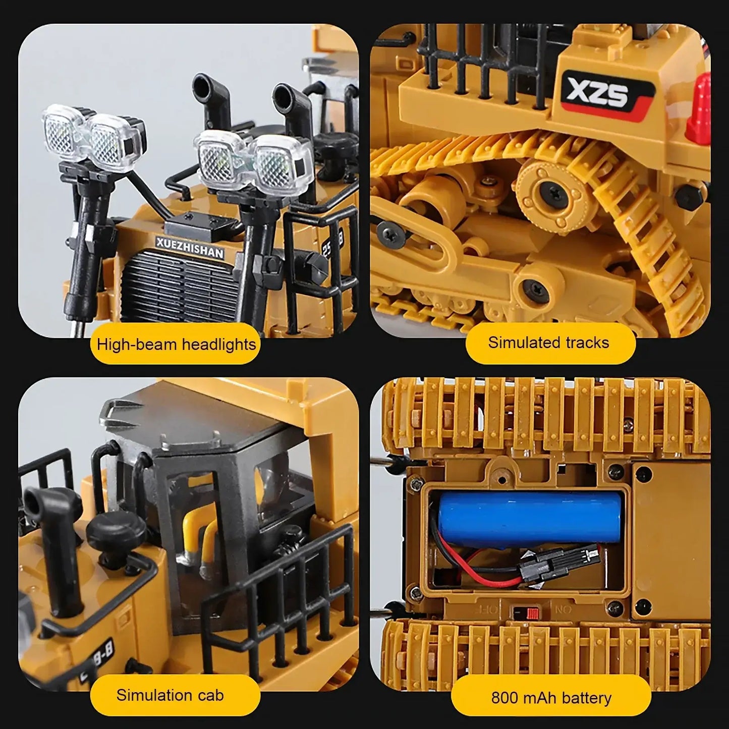 RC bulldozer remote control truck features high-beam headlights, simulated tracks, simulation cab, and 800 mAh battery compartment.