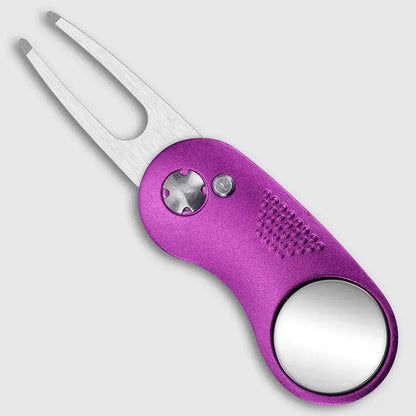 Metal Foldable Golf Divot Repair Tool in purple color with a fork and mirror for golf course maintenance.