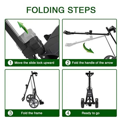 Folding steps for 2-wheel aluminum frame golf push cart, showing how to fold and prepare for storage.