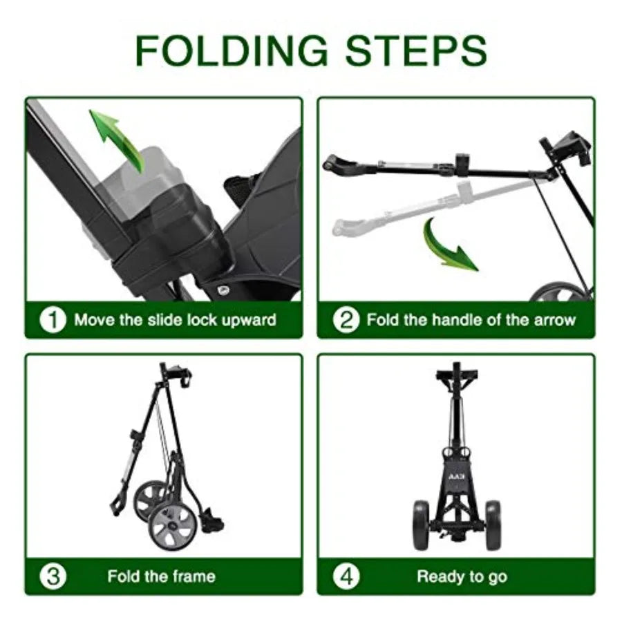 Folding steps for the 2-wheel aluminum frame golf push cart, showing how to fold and prepare for transport.