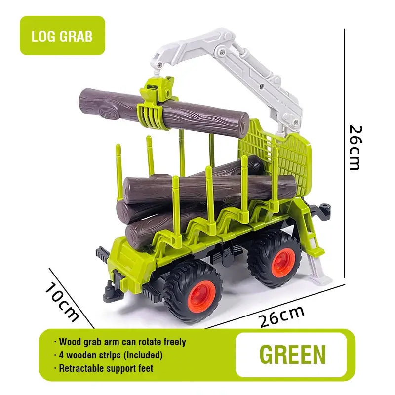 Remote Control Tractor in green with log grabber, rotating arm, and carrying wooden strips for children.