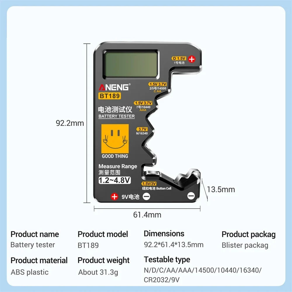 BT189 Digital Battery Tester LCD Display AA/AAA/9V/1.5V Button Cell Battery Capacity Check Detector Capacitance Diagnostic Tool