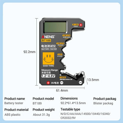 BT189 Digital Battery Tester LCD Display AA/AAA/9V/1.5V Button Cell Battery Capacity Check Detector Capacitance Diagnostic Tool
