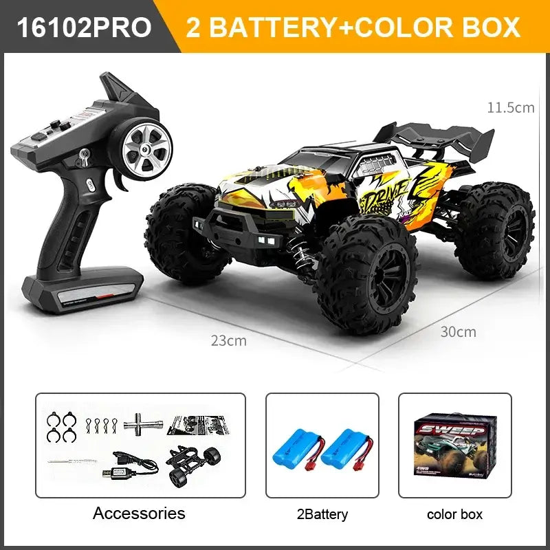 High Speed RC Car 4WD with remote control, two batteries, and colorful packaging for thrilling off-road adventures.