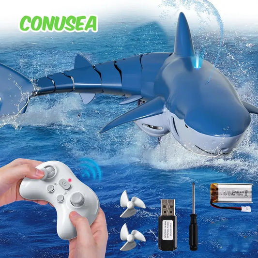 RC Shark Remote Control whale with controller in hands, swimming in water, perfect for kids' playtime.
