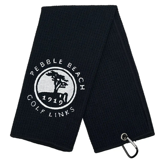 Embroidered 1919 Golf Towel with Clip featuring Pebble Beach Golf Links design.