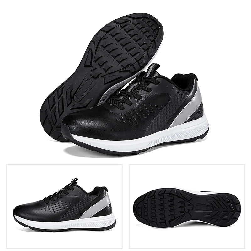 Unisex waterproof golf shoes featuring a sleek black design and durable sole, perfect for outdoor sports and casual comfort.