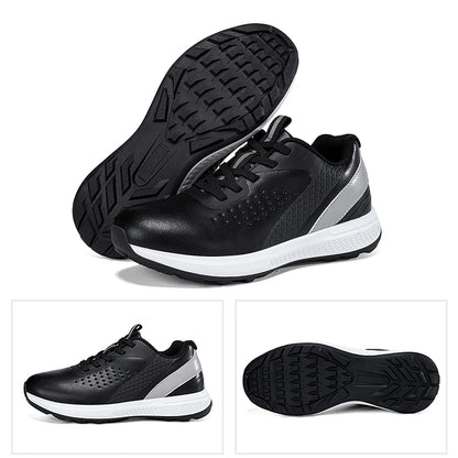 Unisex waterproof golf shoes featuring a sleek black design and durable sole, perfect for outdoor sports and casual comfort.