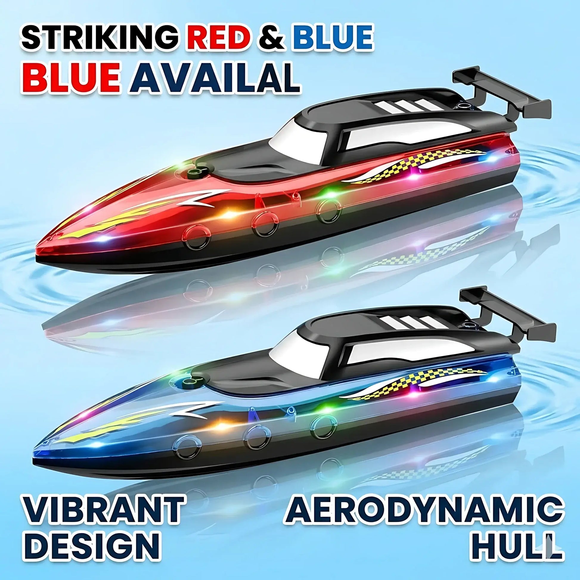 High speed remote control boat in striking red and blue colors with LED lights, showcasing vibrant design and aerodynamic hull.