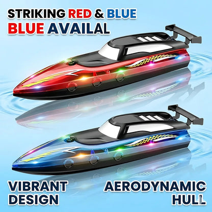 High speed remote control boat in striking red and blue colors with LED lights, showcasing vibrant design and aerodynamic hull.