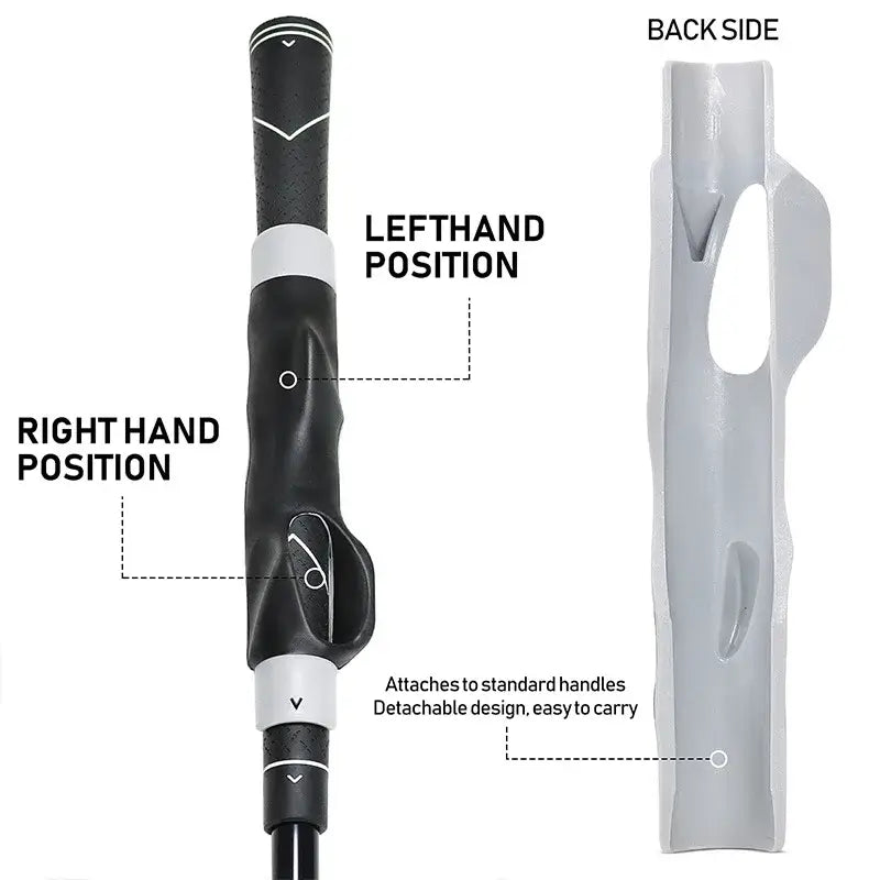 Golf grip trainer showing left and right hand positions with detachable design for training aid.