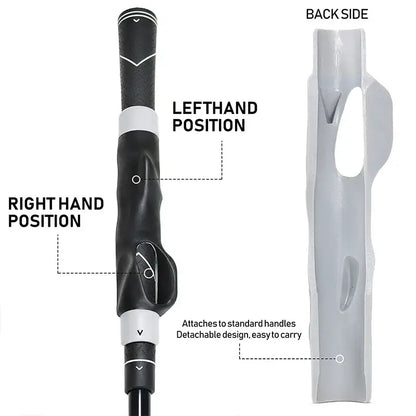 Golf grip trainer showing left and right hand positions with detachable design for training aid.
