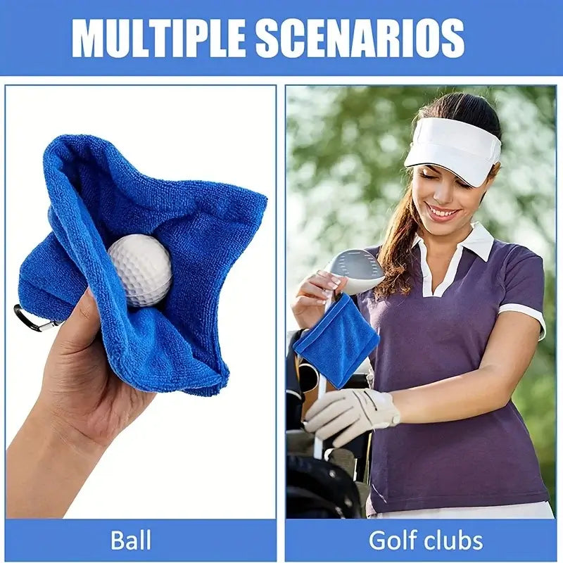 1pc Golf Towel Golf Cleaning Towel shown in use for cleaning a golf ball and golf clubs.