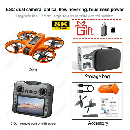 8K aerial photography drone with dual camera, remote control, and accessories including storage bag.
