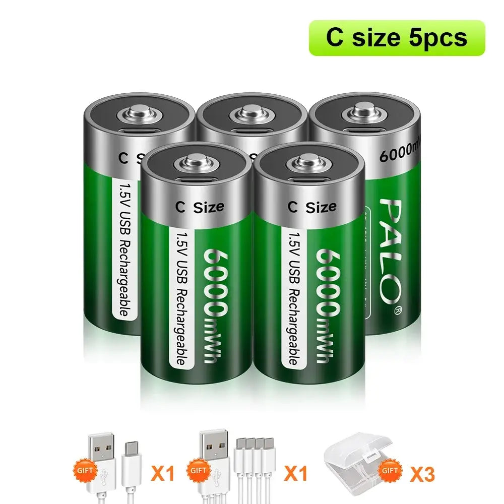 1.5V C Size Rechargeable Battery in green design showcasing USB charging capability.