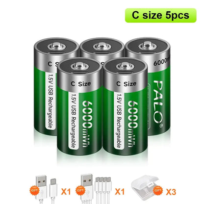 1.5V C Size Rechargeable Battery in green design showcasing USB charging capability.