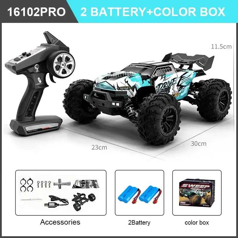 High Speed RC Car 4WD off road vehicle with remote control, two batteries, and color box for thrilling adventures.