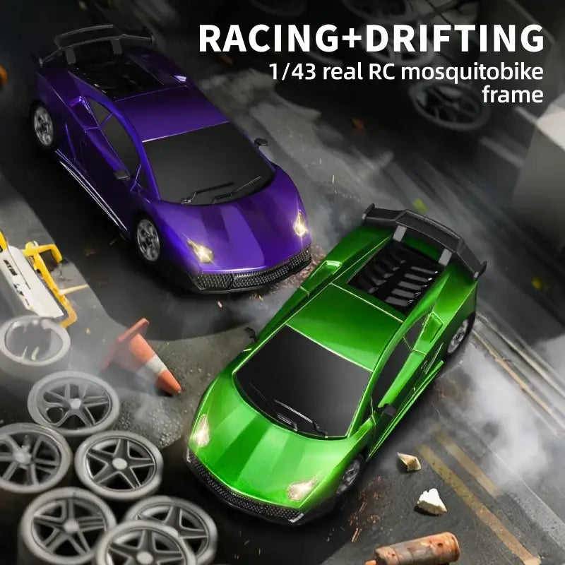 Kids remote control drift car in purple and green racing on a textured surface with tires scattered around.