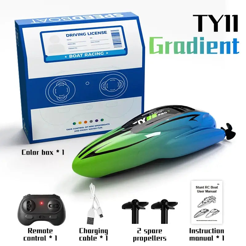 RC Racing Speedboat Mini Remote Control Stunt Boat with gradient design and accessories in color box.