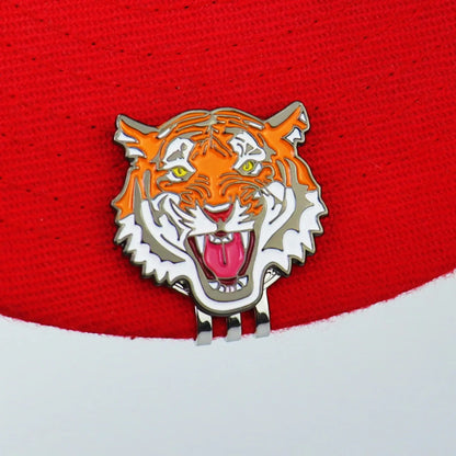 Colorful tiger design on a golf ball marker hat clip, perfect golf accessory for enthusiasts.