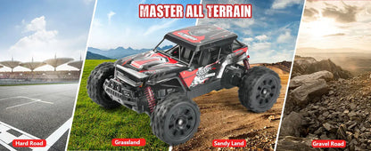 RC Car for Kids navigating different terrains: hard road, grassland, sandy land, and gravel road.