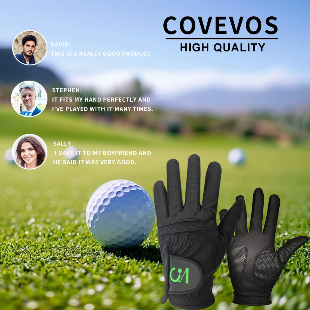 All weather golf gloves in black with high performance features for left and right hands, displayed with golf ball on course.