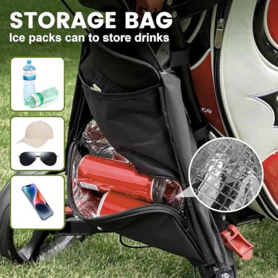 4-wheel golf push cart storage bag for drinks and ice packs, perfect for outdoor golfing.