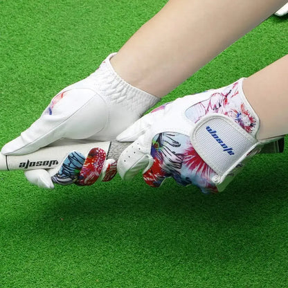 Golf Glove Women Ladies Pair featuring vibrant floral designs, perfect for a stylish and comfortable grip on the golf course.