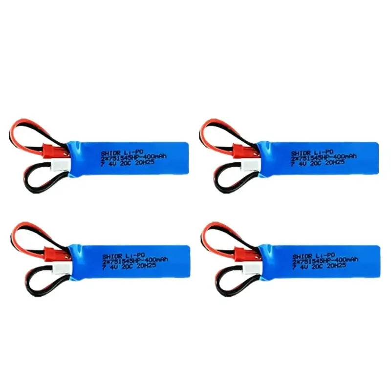 RC Car Battery 7.4V 400mAh pack with JST plug for remote control vehicles.