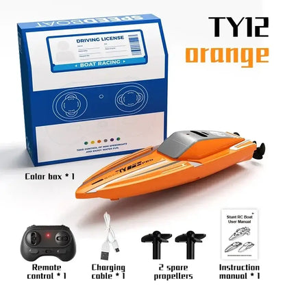 RC Boats Mini Remote Control Boat with Light Speedboat, orange TY12 model, includes remote control, spare propellers, and instructions.