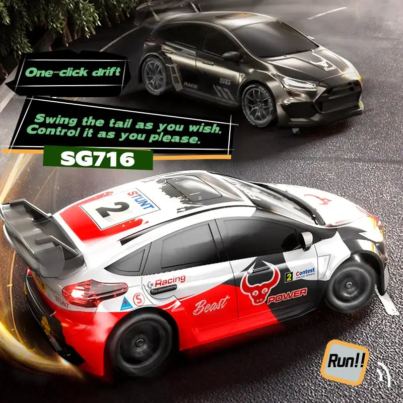 Drifting Racing RC Car performing stunts with one-click drift feature on a track.