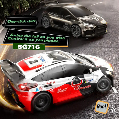 Drifting Racing RC Car performing stunts with one-click drift feature on a track.