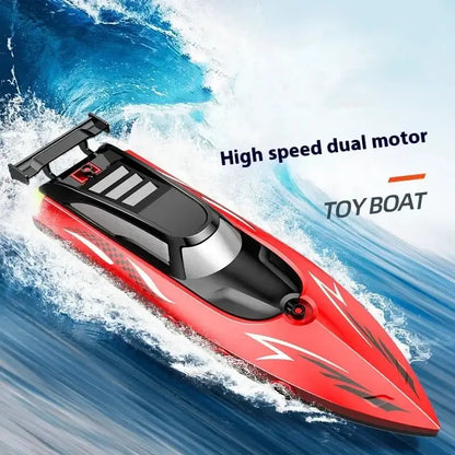 RC Battery Boat speeding through waves, featuring high speed dual motor design, perfect for fun water play.