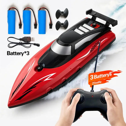 High-Speed RC Boat for Kids, Waterproof 27MHz Dual Motor with remote control and batteries.