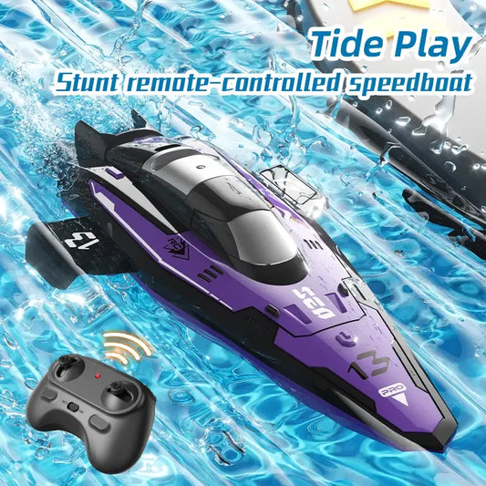 RC Racing Speedboat Mini remote control stunt boat racing on water with controller in focus.