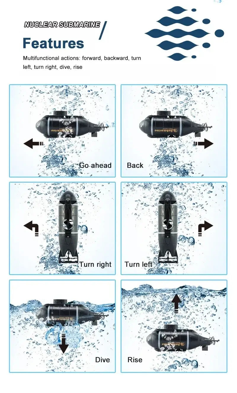 RC Submarine Dual Motor features including go ahead, back, turn right, turn left, dive and rise actions.