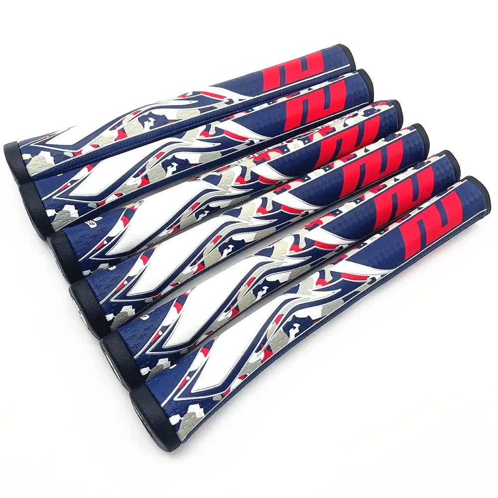 Golf Putter Grip featuring a stylish camo design in red, blue, and white for enhanced performance on the course.