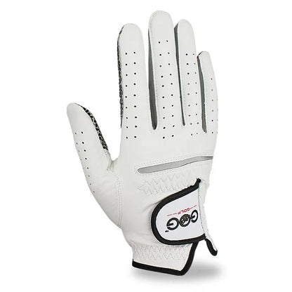 breathable sheepskin golf gloves displayed from the palm side, featuring perforations for enhanced breathability.