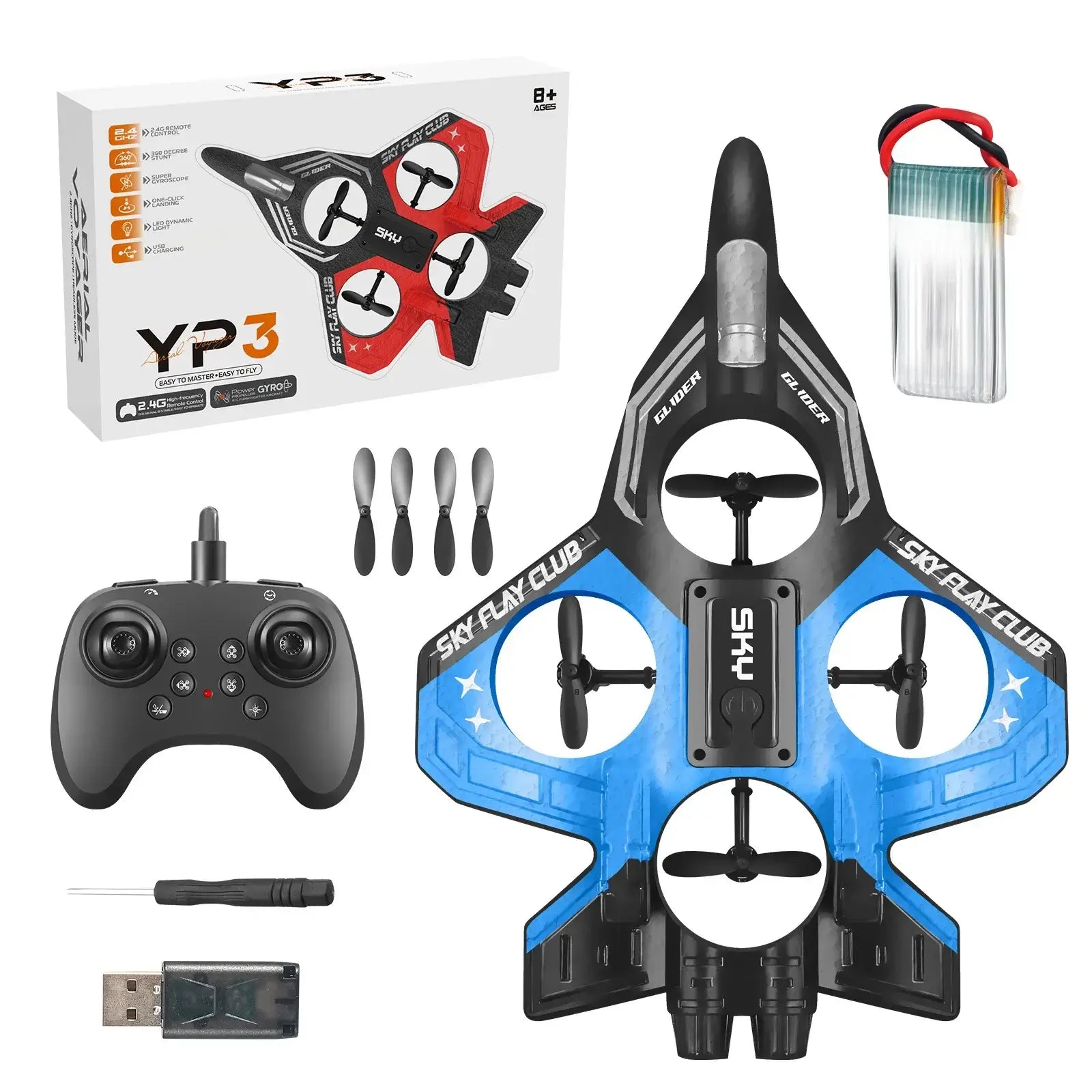 Remote Control Airplane YP3 with remote, charger, battery, and spare propellers included.