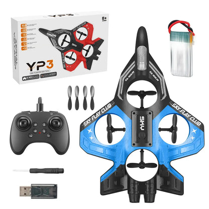 Remote Control Airplane YP3 with remote, charger, battery, and spare propellers included.
