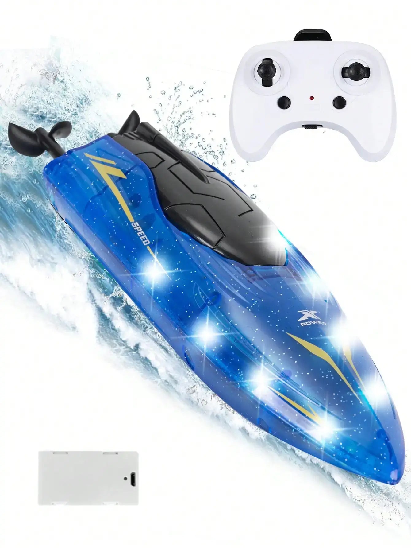 RC Racing Boat 2.4GHz LED Lights with controller, multicolor design, speeding through water waves