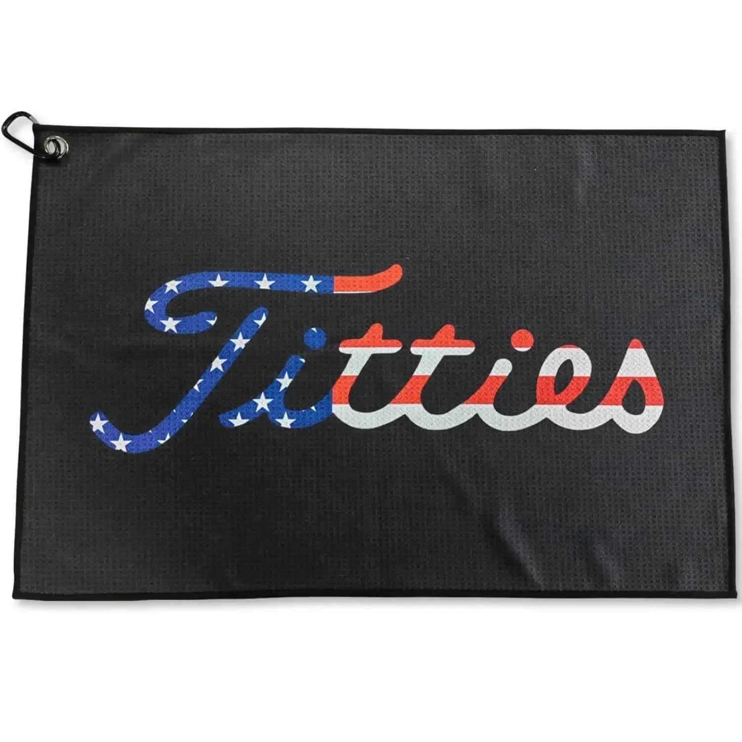Funny golf towel featuring a playful design with the word 'Titties' in red, white, and blue, perfect for golf bags.