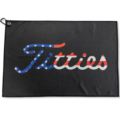 Funny golf towel featuring a playful design with the word 'Titties' in red, white, and blue, perfect for golf bags.