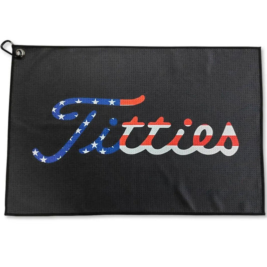 Funny golf towel featuring a playful design with the word 'Titties' in red, white, and blue, perfect for golf bags.