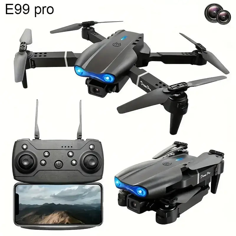 E99 PRO drone with dual camera and remote control, featuring compact design and HD quality for aerial photography.