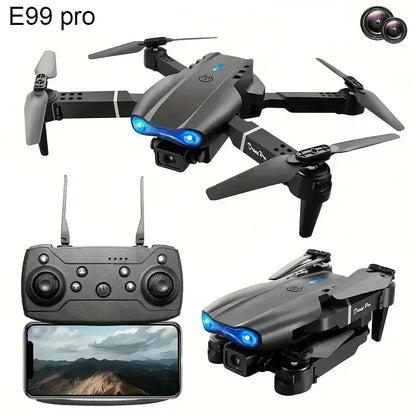 E99 PRO drone with dual camera and remote control, featuring compact design and HD quality for aerial photography.