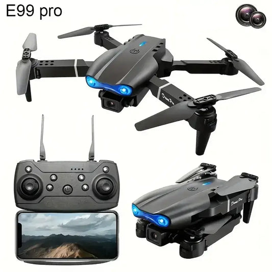 E99 PRO drone with dual camera and remote control, featuring compact design and HD quality for aerial photography.