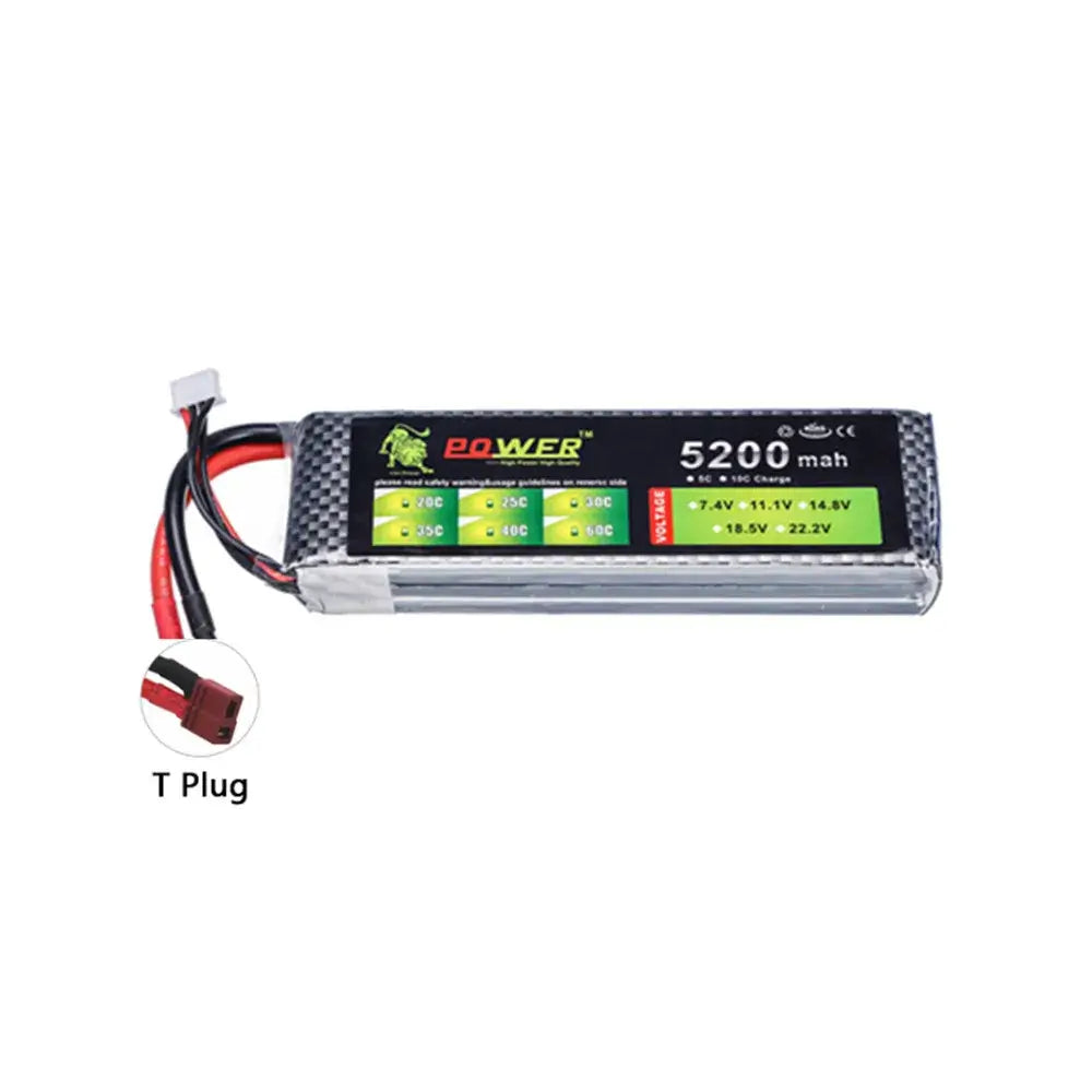 Lipo Battery 2S 3S 4S in various capacities including 1500mAh, 2200mAh, 4200mAh, and 5200mAh with T plug connector.