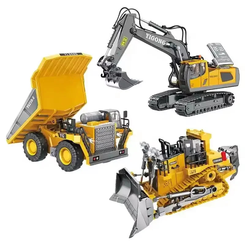 remote control excavator dump truck toy set featuring an excavator, dump truck, and bulldozer for kids.